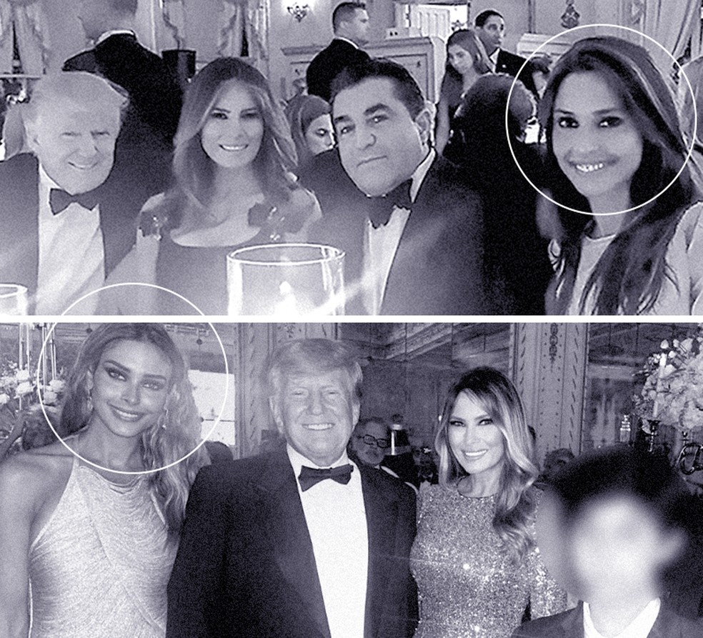 Acima da esquerda para a direita: Donald Trump, Melania Trump, Paolo Zampolli e Amanda Ungaro. Abaixo, da esquerda para a direita: Amanda Ungaro, Donald Trum e Melania Trump &mdash; Foto: Arquivo Pessoal