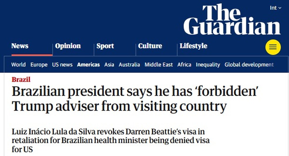 Imprensa internacional repercute visto negado por Lula a assessor de Trump — Foto: Reprodução