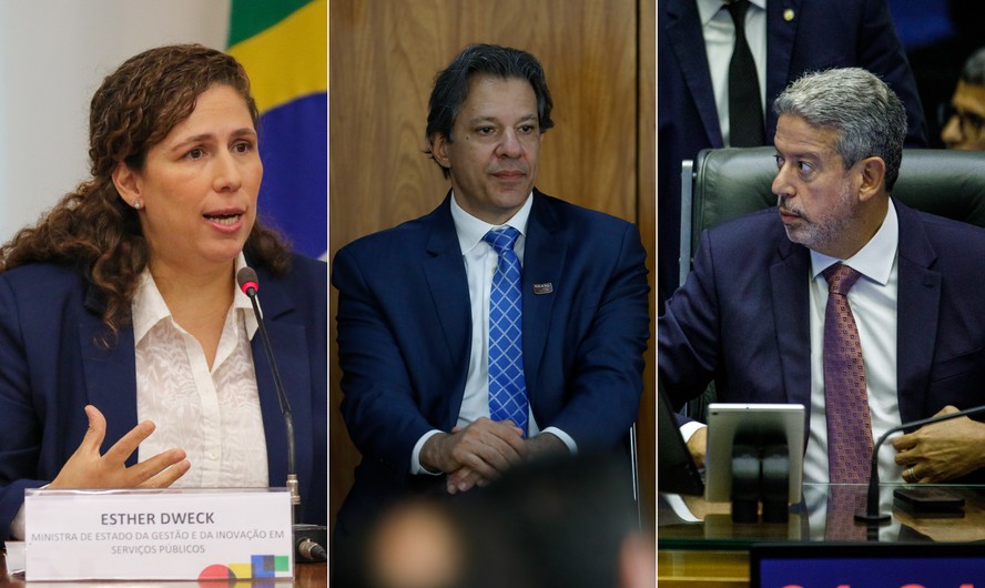 A ministra da Gestão, Esther Dweck, Fernando Haddad, da Fazenda, e Arthur Lira, presidente da Câmara