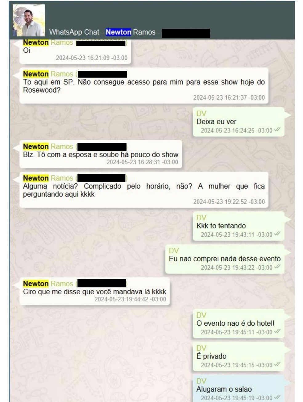 Desembargador Newton Ramos faz pedido a Vorcaro para show no Rosewood — Foto: Reprodução