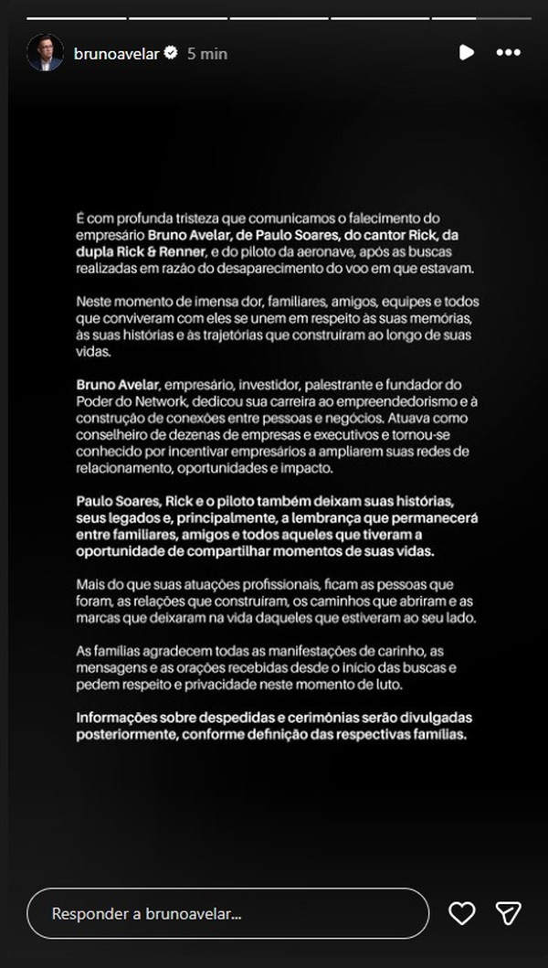 Família confirma morte de empresário Bruno Avelar após queda de ...