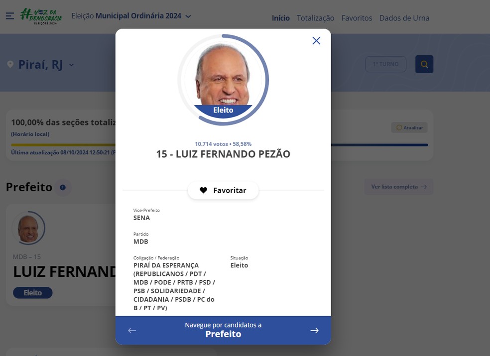Pezão aparece como "eleito" no portal do TSE — Foto: Reprodução