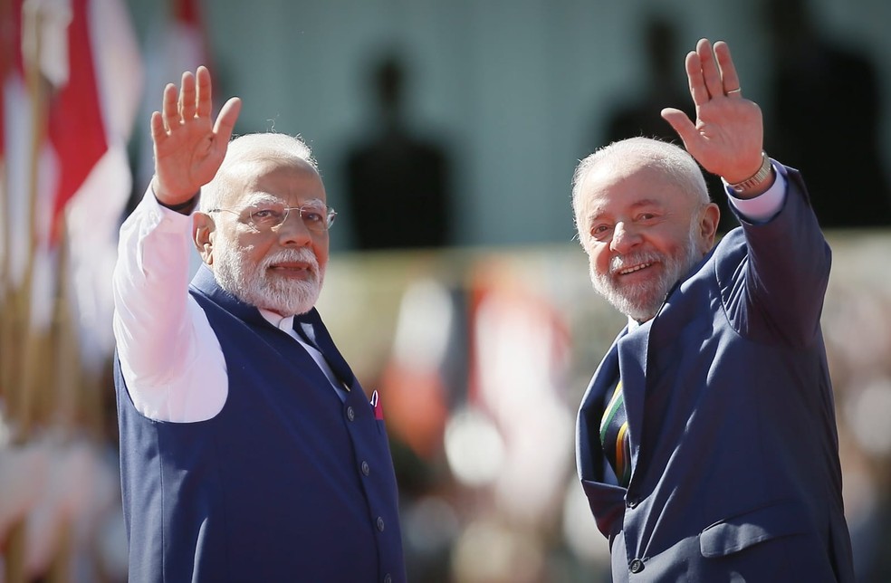 O primeiro-ministro da Índia, Narendra Modi, e o presidente Lula — Foto: Cristiano Mariz