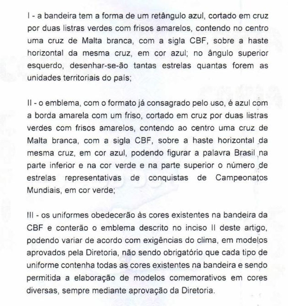 O que diz o estatuto da CBF sobre os uniformes da seleção — Foto: Reprodução