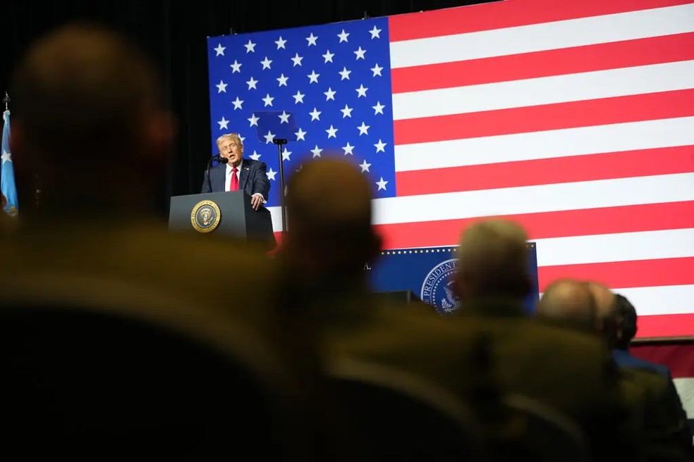 Presidente dos EUA, Donald Trump, também discursou na base da Marinha em Quântico — Foto: Doug Mills / The New York Times
