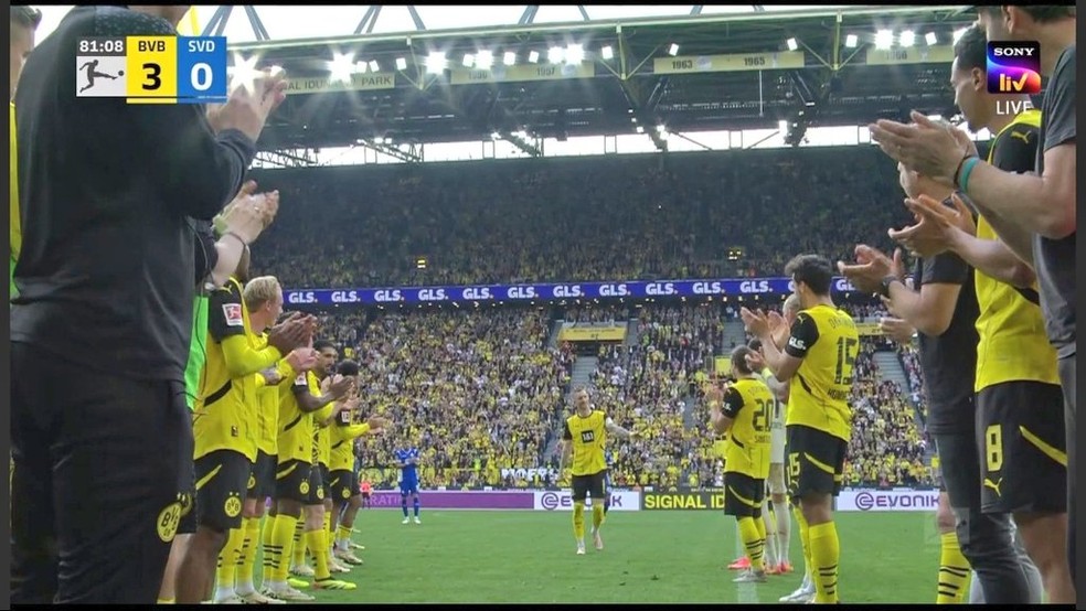 Jogadores e comissão técnica do Borussia Dortmund aplaudem Marco Reus — Foto: Reprodução