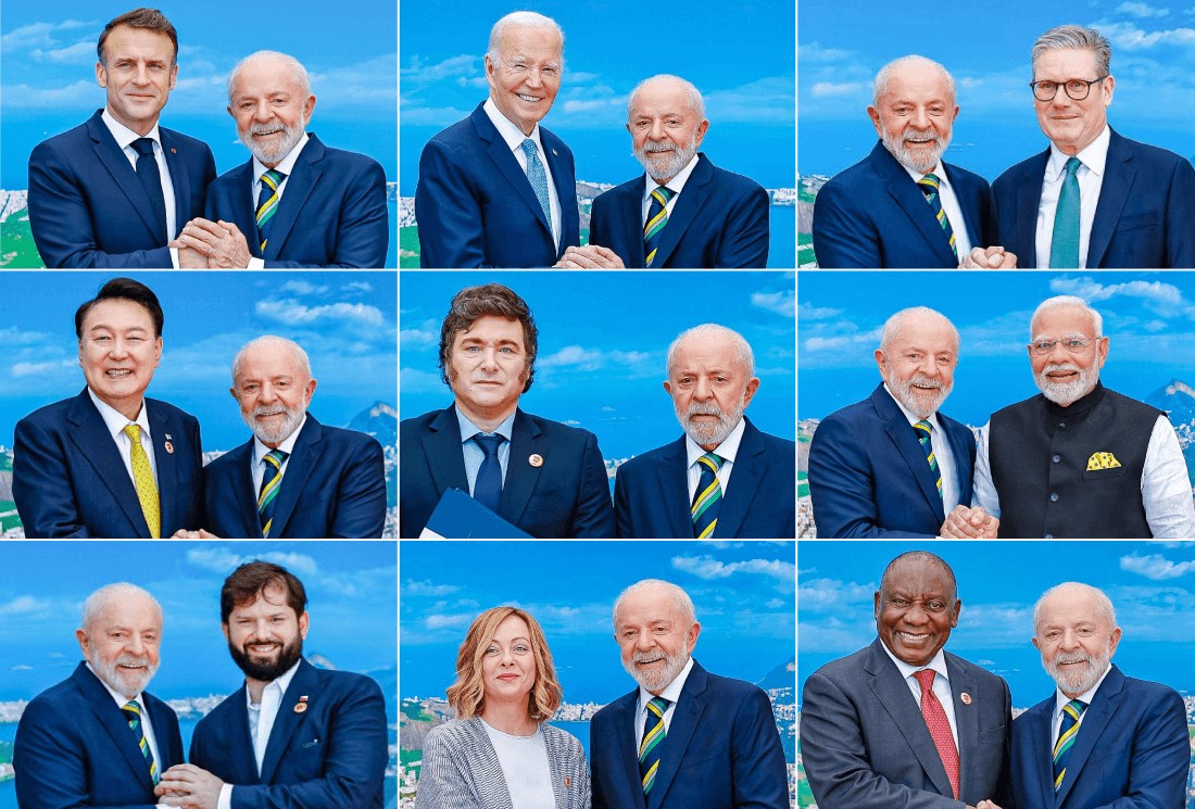 O presidente Lula cumprimentando chefes de Estado durante o G20 no Brasil — Foto: AFP/ Arte O GLOBO
