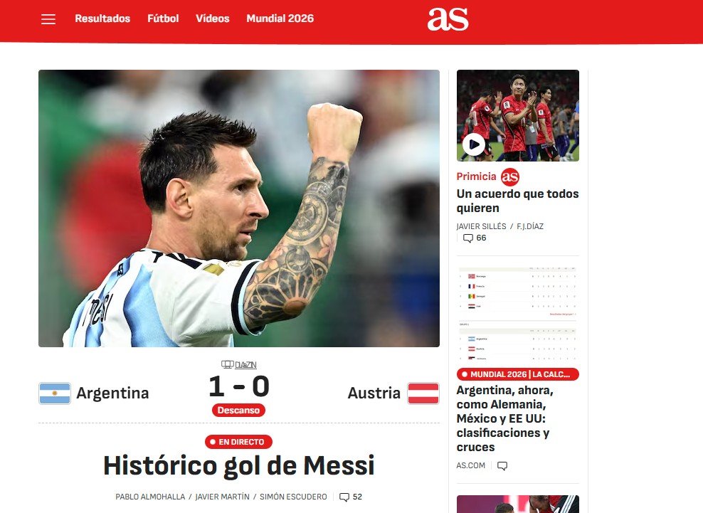 Diario AS, da Espanha, celebra gol histórico de Messi contra Áustria — Foto: Reprodução