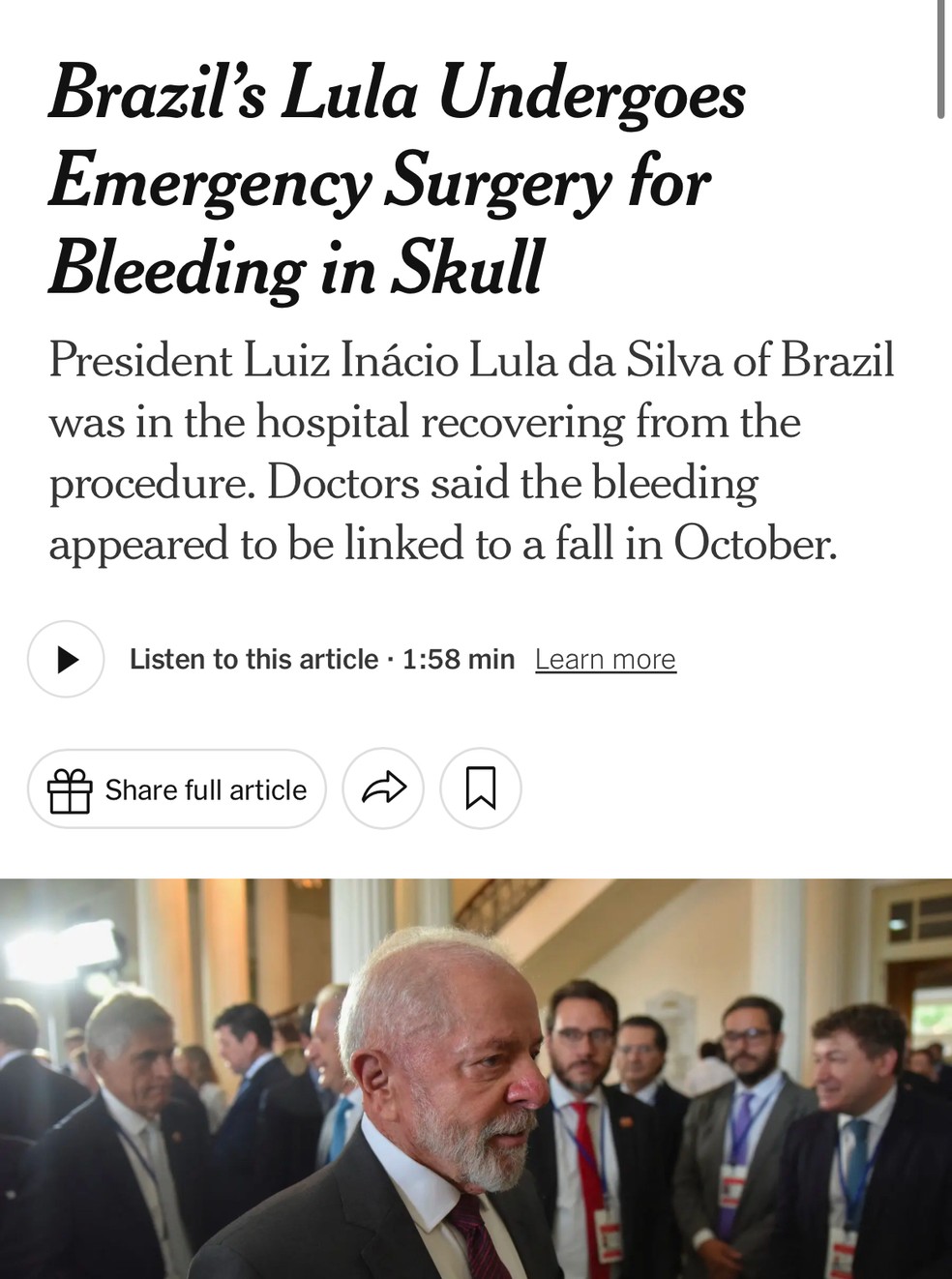 Cirurgia de Lula no NY Times &mdash; Foto: Reprodu&ccedil;&atilde;o