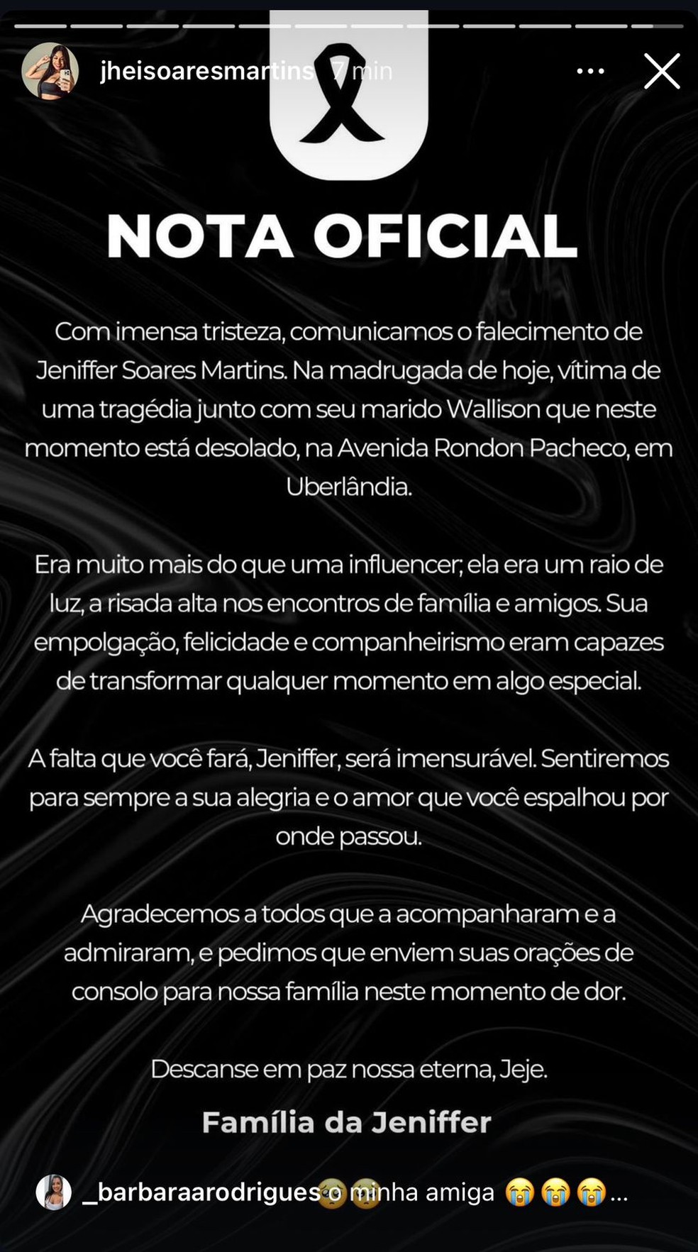 Família posta mensagem lamentando morte de jovem e agradecendo carinho de seguidores — Foto: Reprodução