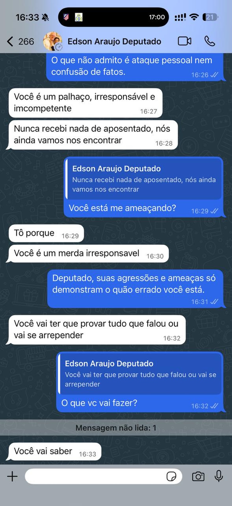Troca de mensagens entre vice da CPI do INSS e deputado estadual — Foto: Reprodução
