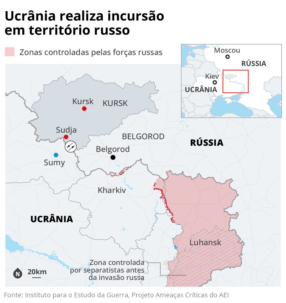 Mapa da área onde houve incursão militar ucraniana na Rússia — Foto: Editoria de Arte