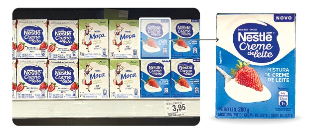 Mistura na prateleira de creme de leite tradicional pode ser difícil diferenciar a mistura de creme de leite Nestlé, apesar da informação na embalagem — Foto: Arte