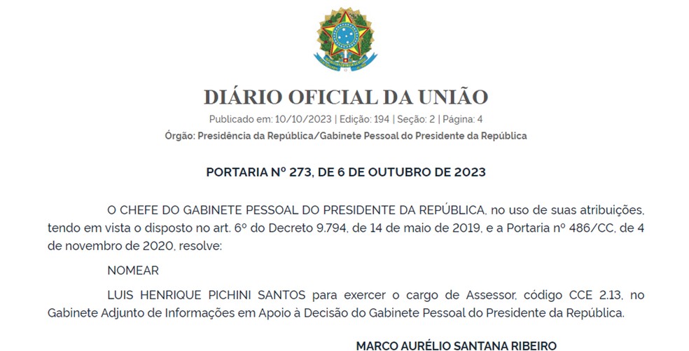 Publicação no Diário Oficial da nomeação — Foto: Reprodução