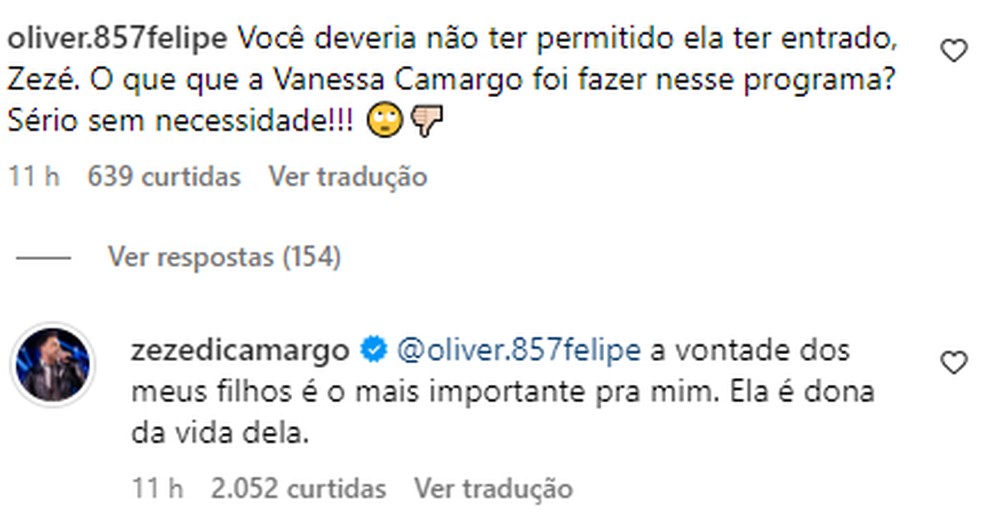 Resposta de Zez&eacute; Di Camargo sobre Wanessa Camargo nas redes sociais &mdash; Foto: Reprodu&ccedil;&atilde;o/Instagram