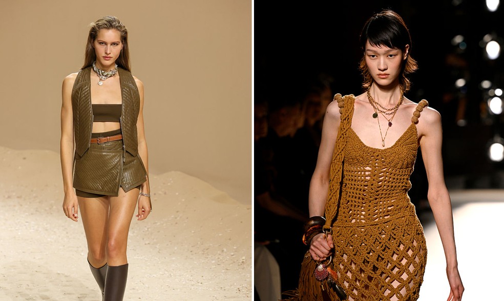 Coleção de verão 2026 da Hermès e Balmain, respectivamente — Foto: Getty Images
