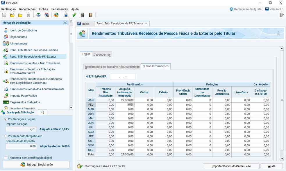 Ficha de Rendimentos tributáveis recebidos de pessoa física, como alugueis por temporada — Foto: Reprodução / IRPF 2025