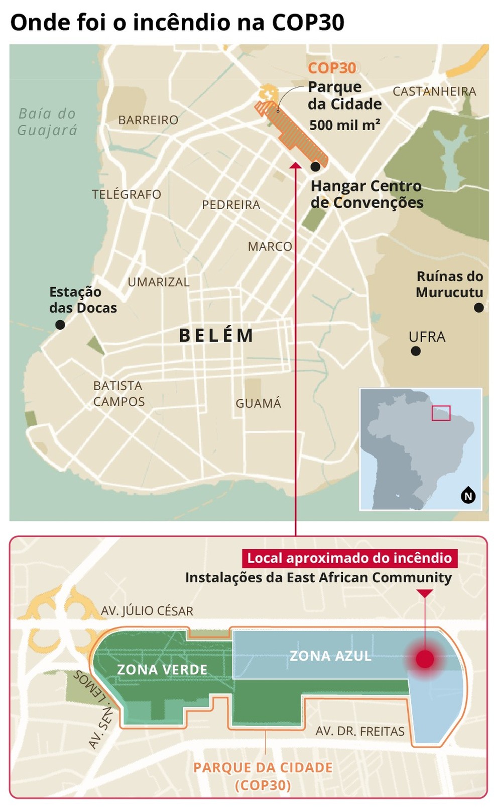 Onde foi o incêndio na COP30 — Foto: Editoria de Arte