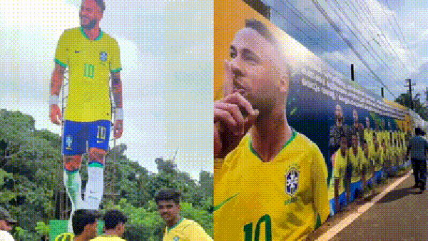 Torcedores do Brasil na Índia erguem outdoor de mais de 100 metros e estrutura gigante de Neymar — Foto: Redes Sociais