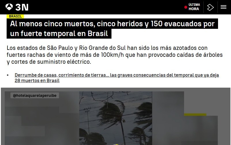 Imprensa internacional repercute mortes e danos causados por vendaval no Brasil