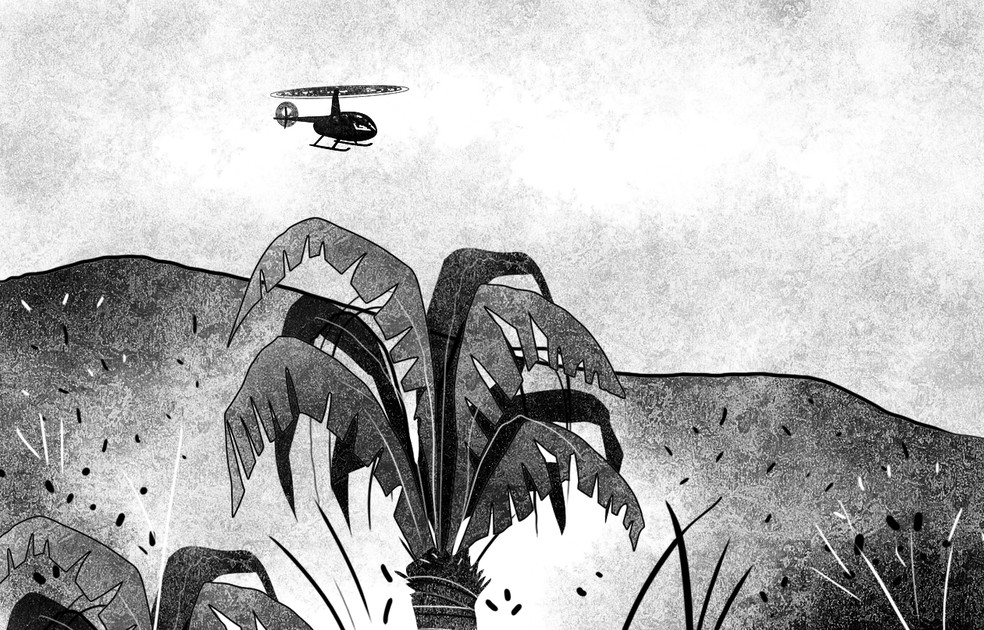 Câmera em São Sebastião flagrou um helicóptero perdendo altitude — Foto: Editoria de arte / O Globo