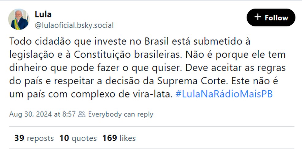 Post de Lula no Bluesky &mdash; Foto: Reprodu&ccedil;&atilde;o