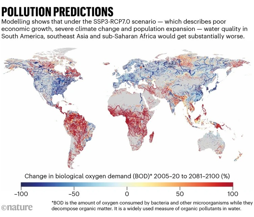 A qualidade da água será pior nos países em vermelho, parte da América do Sul, África subsaariana e sudeste da Ásia — Foto: Reprodução/Nature Water 