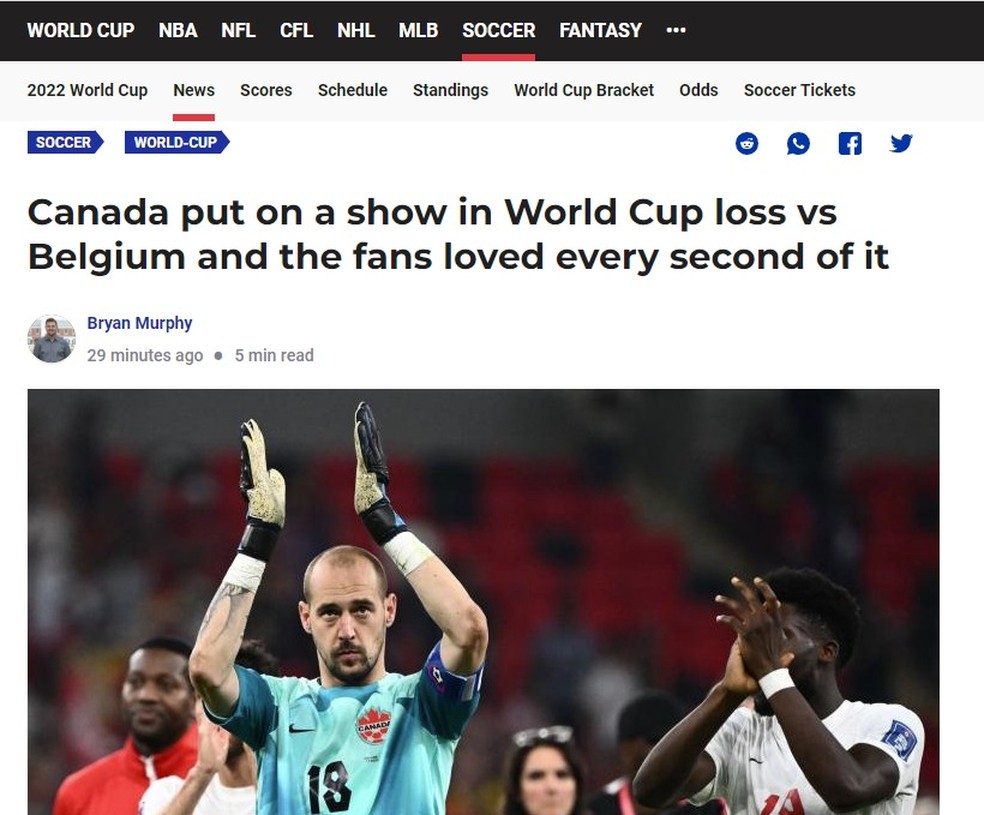 Site 'Sporting News' diz que o Canadá deu um show na derrota para a Bélgica — Foto: Reprodução/Sporting News