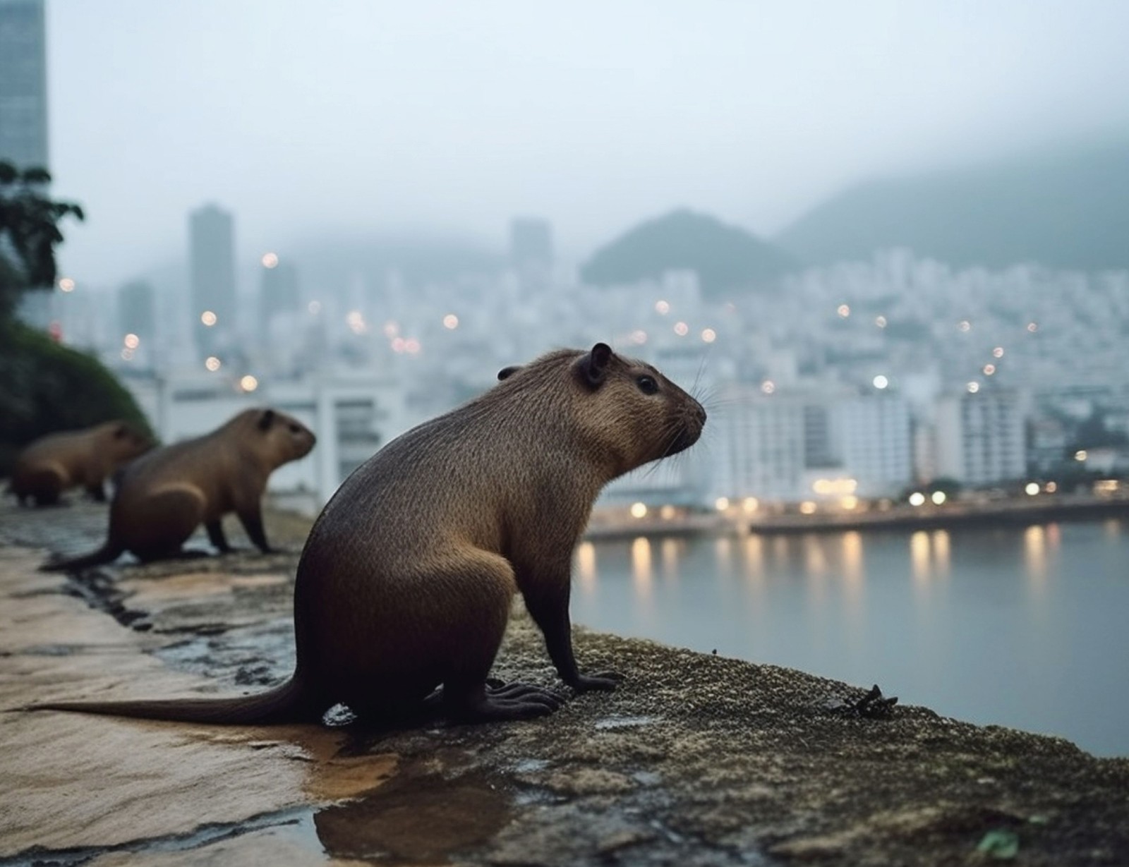 Apreciando a vista. Um grupo de capivaras com a cidade do Rio de Janeiro ao fundo, em um dia de garoa, imagem no estilo de publicações voltadas para a vida animal — Foto: Imagem gerada por IA/Midjourney