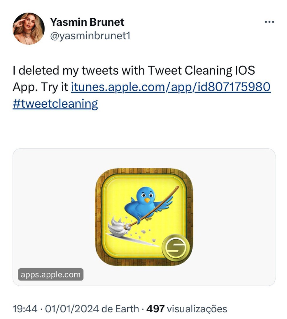 Yasmin Brunet expõe, sem querer, que apagou posts antigos no Twitter — Foto: Reprodução/Twitter