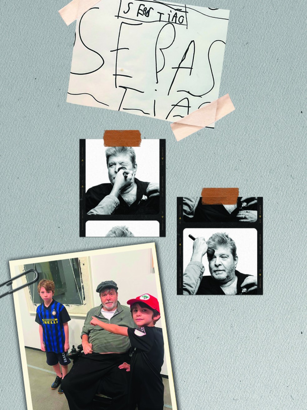 De cima para baixo: Detalhe de nome escrito pelo próprio filho; Marcelo nos bastidores do ensaio de capa; e na companhia de Joaquim e Sebastião — Foto: Pedro Dimitrow e arquivo pessoal