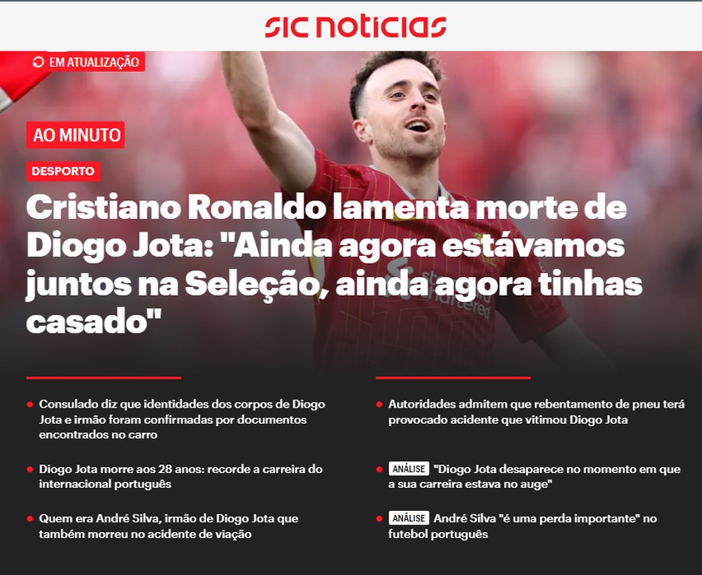 SiC Notícias, de Portugal, tem espaço reservado para o acidente — Foto: Reprodução