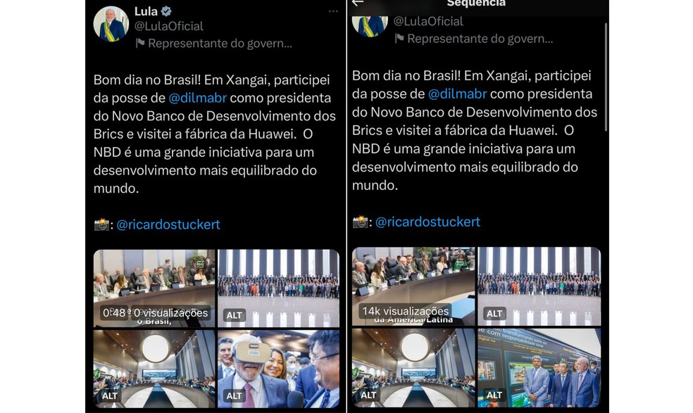 Primeira postagem de Lula sobre viagem à China tinha foto com óculos de realidade aumentada da Huawei — Foto: Reprodução do Twitter