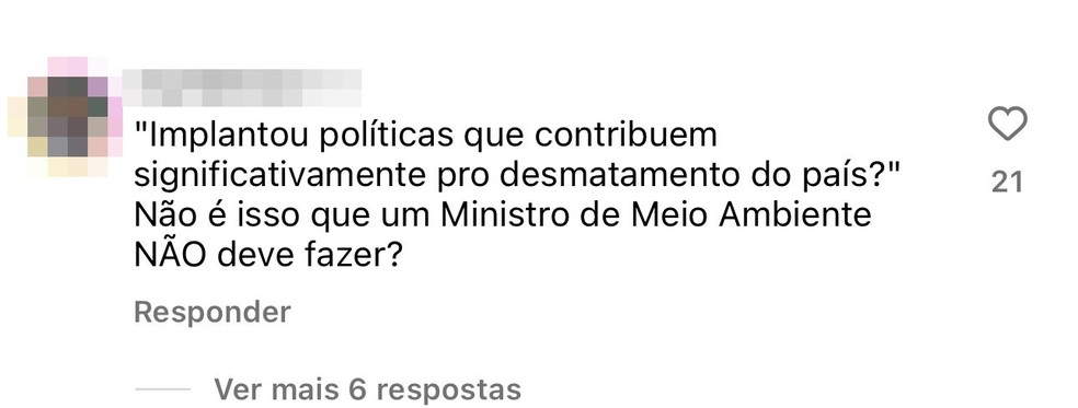 Seguidor cobra correção em post de Janja sobre Marina — Foto: Reprodução/Instagram