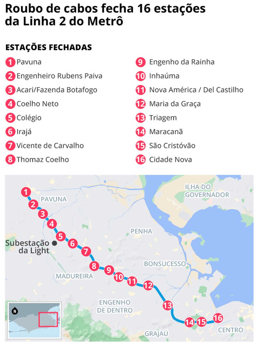 Estações da Linha 2 do MetrôRio ficaram fechadas das 5h às 6h20 após roube de cabos em subestação de energia em Colégio — Foto: Editoria de Arte