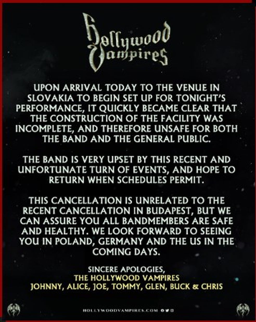 comunicado do Hollywood Vampires sobre cancelamento de show — Foto: Reprodução