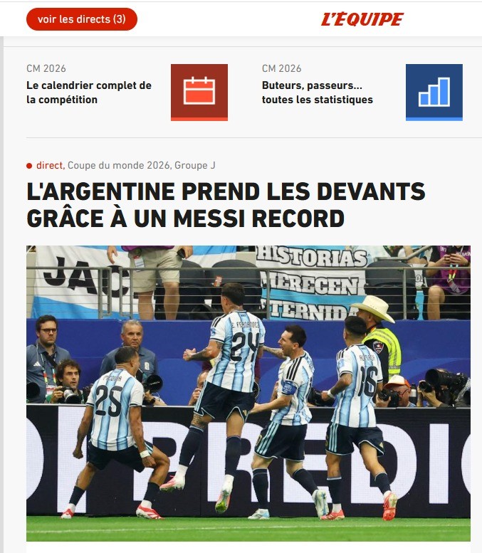 'A Argentina assume a liderança graças a uum Messi que quebrou recordes — Foto: Reprodução/L'Equipe
