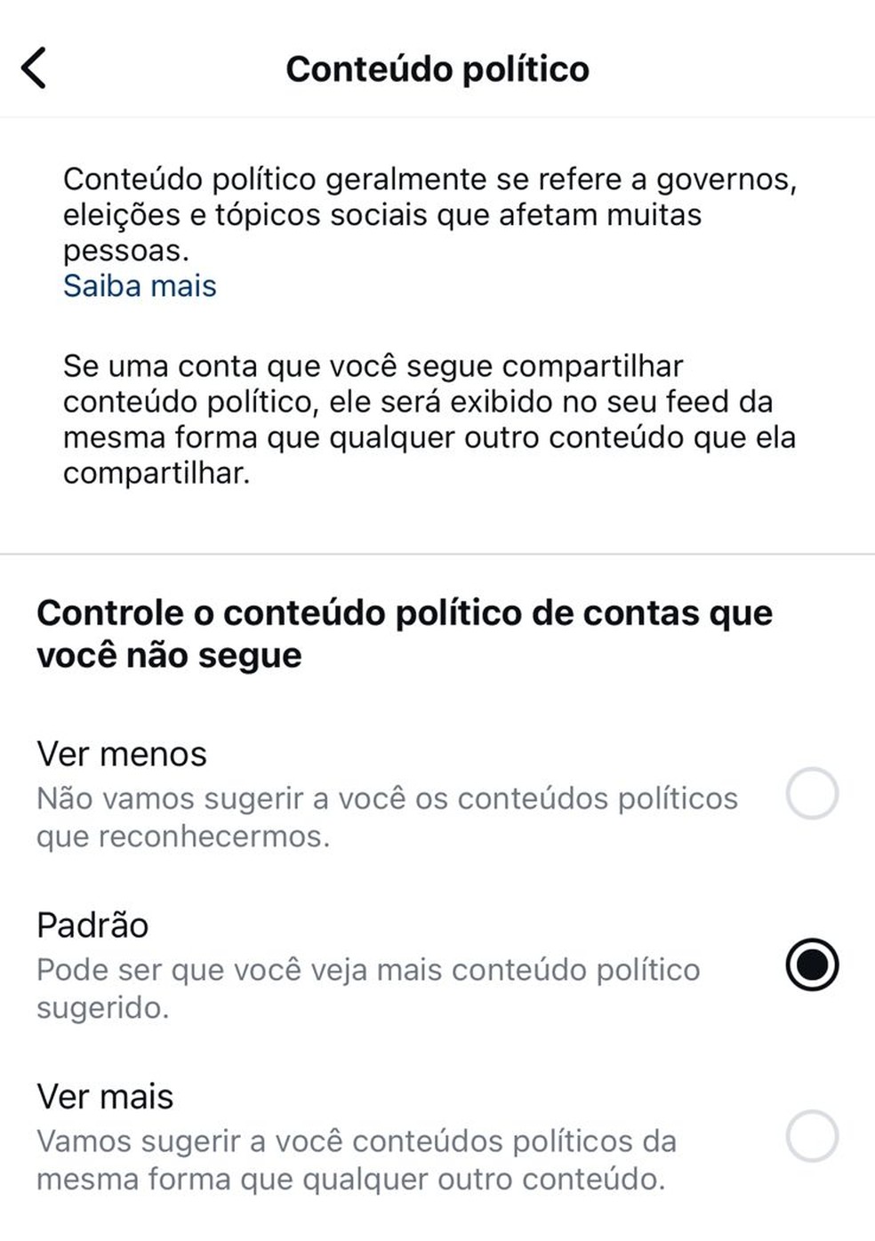 Novas configurações para ajuste de tema político — Foto: Reprodução/Instagram