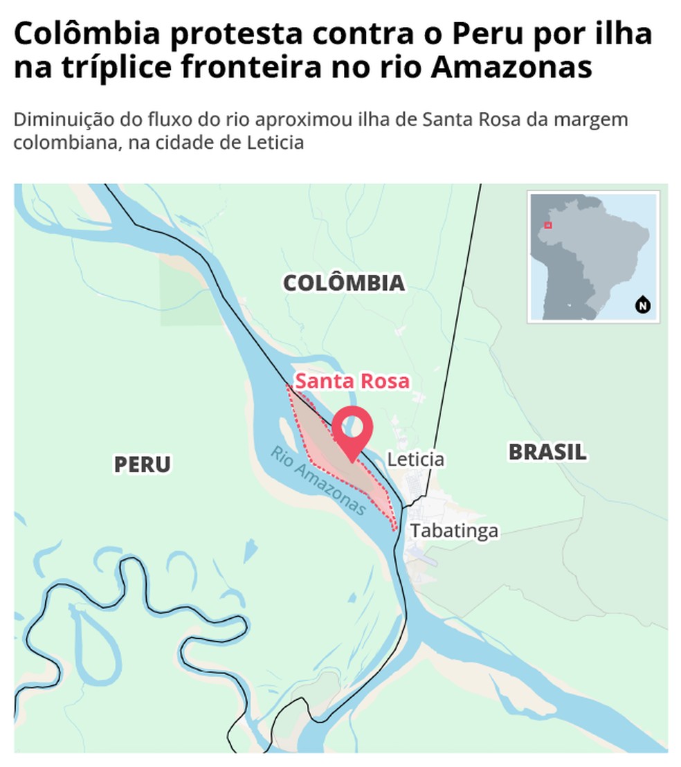 ColômbiaAfterta Contra por Ilha natrípliceFronteira no Rio Amazonas - Foto: Editoria de Arte/o Globo