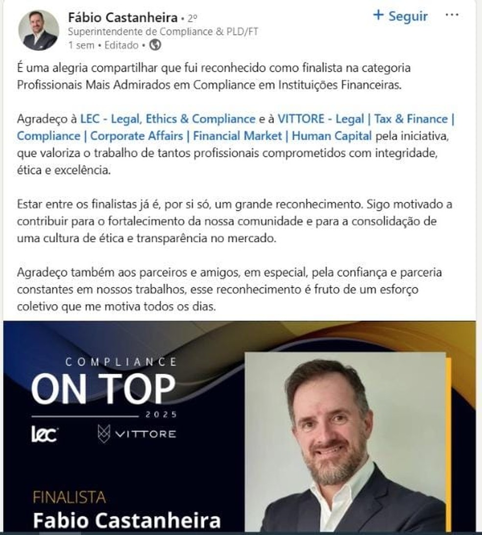 Fabio Castanheira, superintendente do Banco Master é finalista do prêmio On Top Compliance — Foto: Reprodução