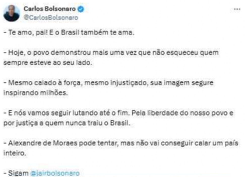 Publicação feita pelo vereador Carlos Bolsonaro — Foto: Reprodução