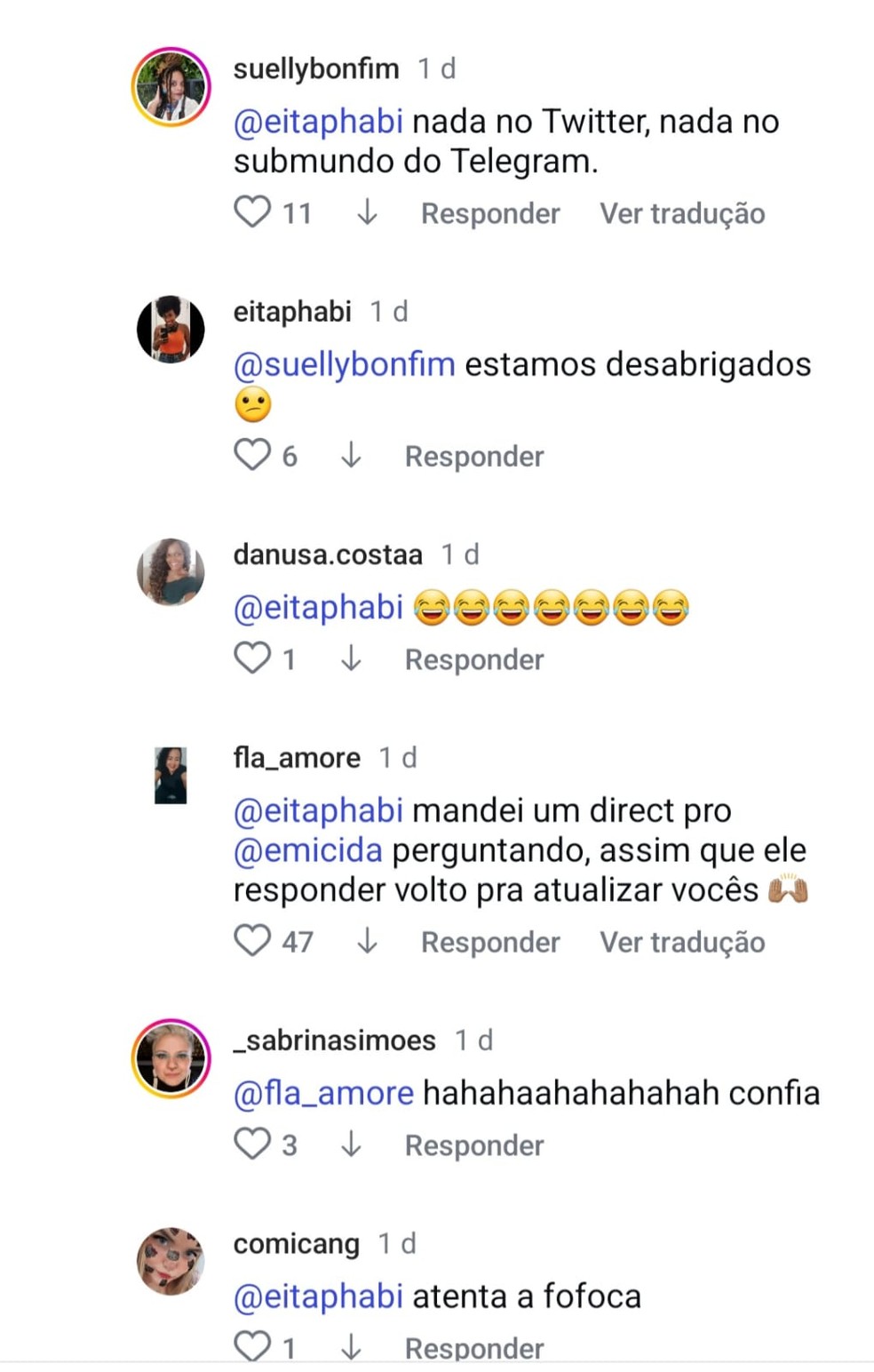 Comentários de fãs no perfil de Emicida — Foto: Reprodução/redes sociais