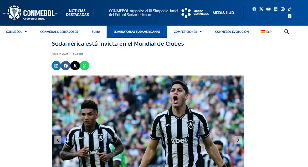 Site da Conmebol destaca desempenho invicto de sul-americanos na primeira rodada do mundial — Foto: Reprodução