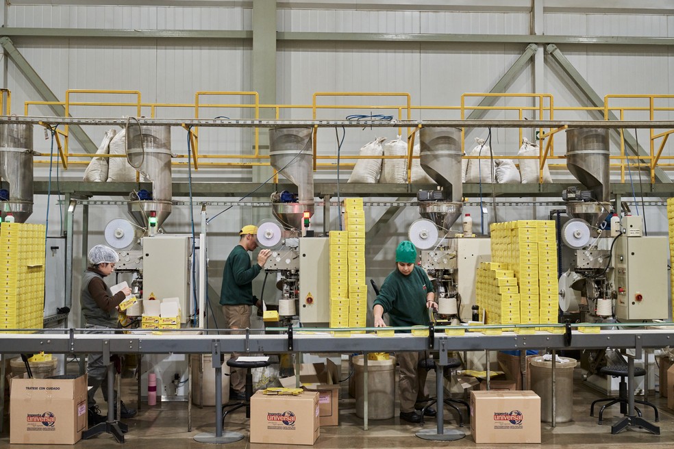 trabalhadores emumafábricade embalagens da playadito emcolonia liebig -foto: Natalia Favre/Bloomberg