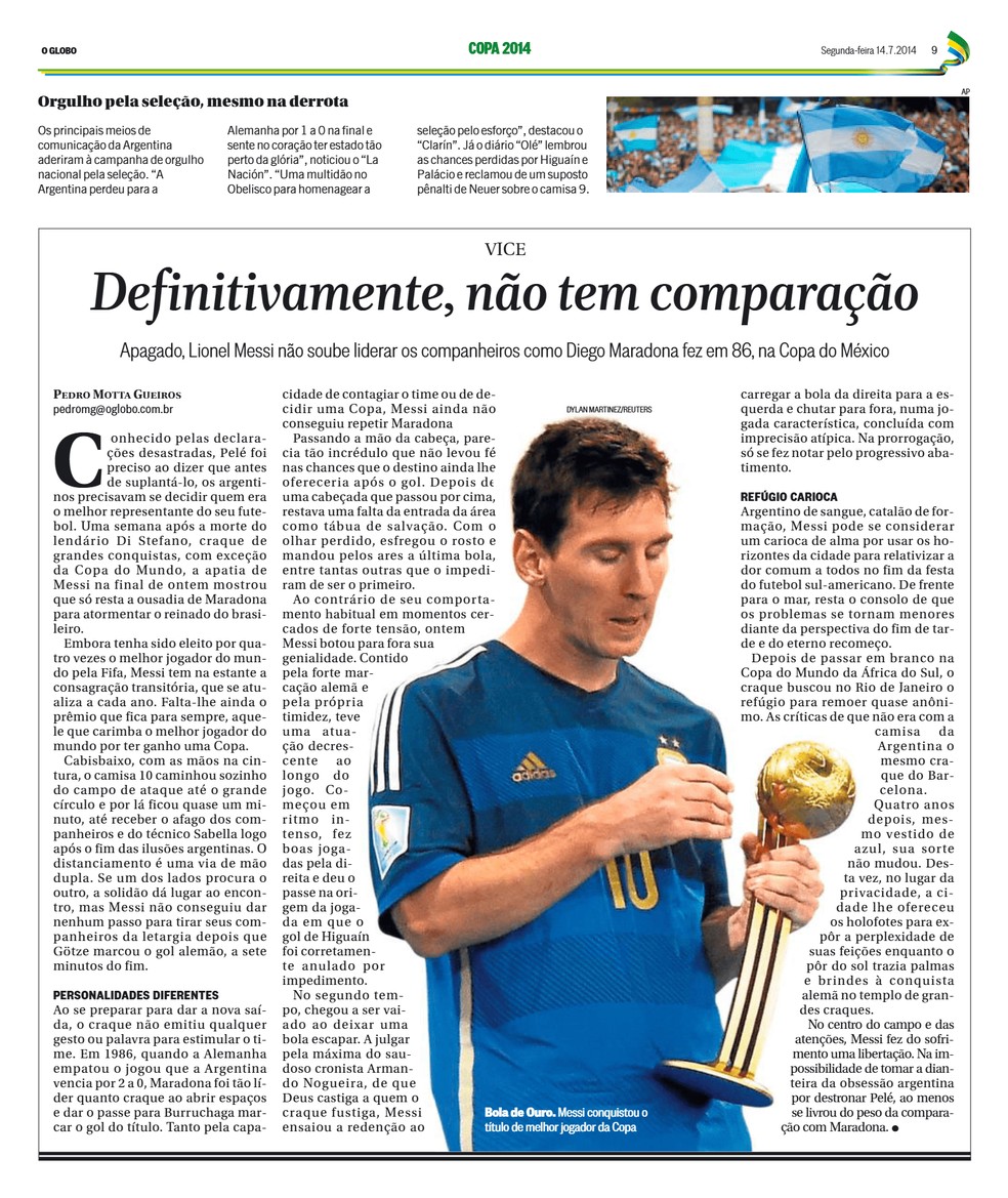 Messi é comparado a Maradona após vice na Copa de 2014 — Foto: Acervo / Jornal O Globo