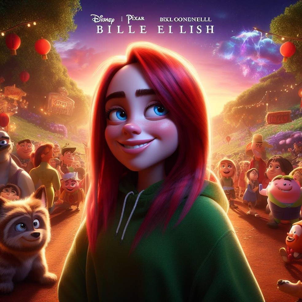 Billie Eilish como personagem da Disney Pixar; criação foi feita por internauta pelo Bing Image Creator — Foto: Reprodução/Twitter