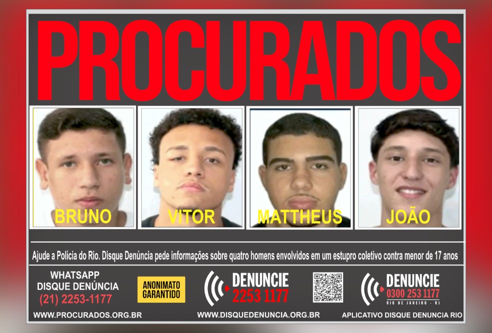 O Disque Denúncia divulgou um cartaz com objetivo de obter informações que levem à localização e prisão de Bruno Felipe dos Santos Allegretti, de 18 anos; Vitor Hugo Oliveira Simonin, de 18; Mattheus Verissimo Zoel Martins, de 19; e João Gabriel Xavier Bertho, de 19. — Foto: Divulgação/Disque Denúncia