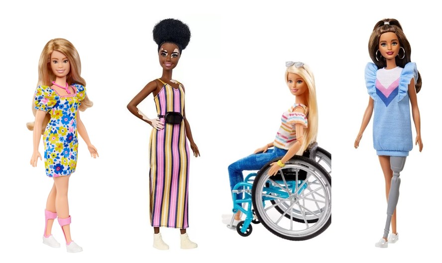 Barbie com síndrome de Down, com vitiligo, com cadeira de rodas e prótese.