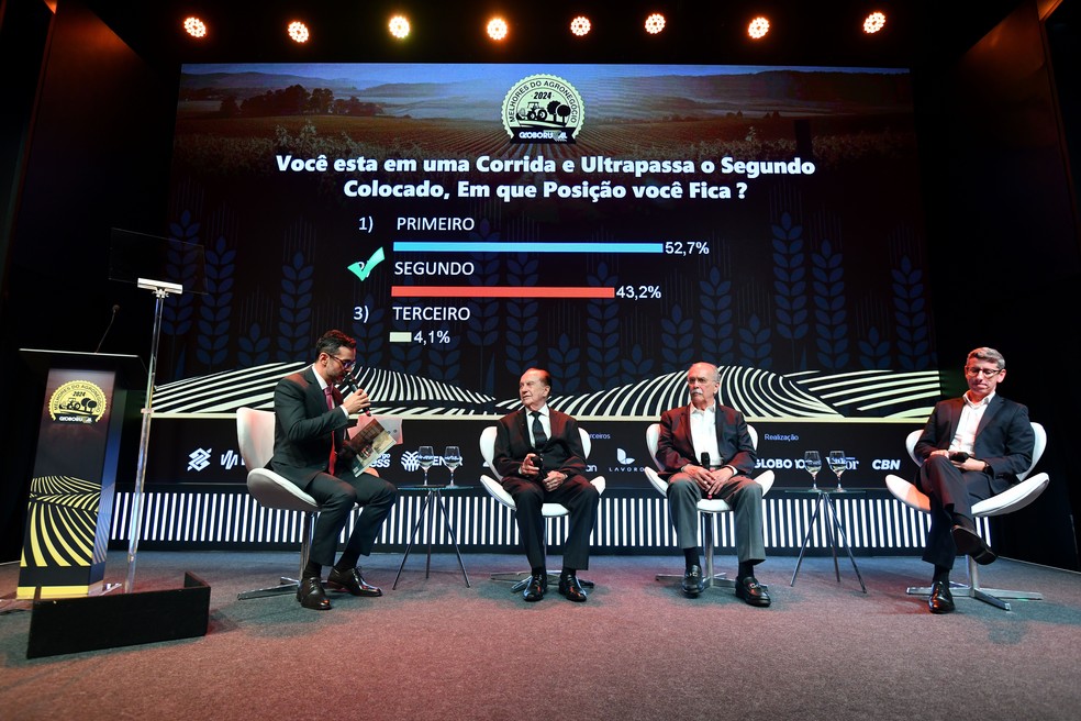 Talk show durante a premiação em 2024 com José Aroldo Gallassini, fundador da Cooperativa Coamo, e com o economista José Roberto Mendonça de Barros — Foto: Flavio Santana