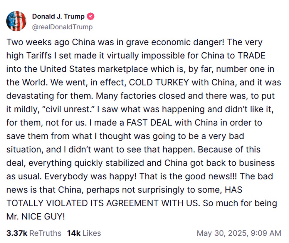 Print da publicação de Donald Trump que afirma que China 'violou' acordo comercial com EUA